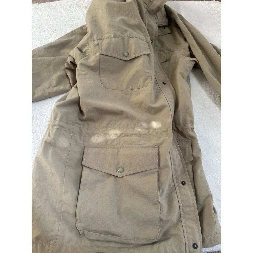 VTG Eddie Bauer Safari Jacket Men's L Tan Drawstring Mock Collar Mid‑Length Coat